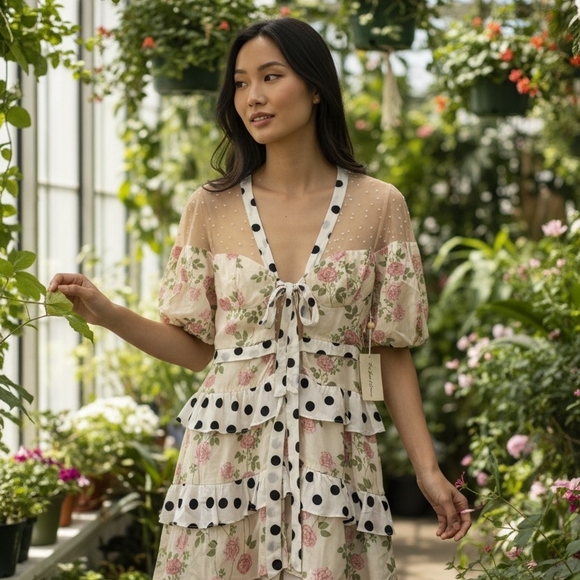 For Love And Lemons Dresses & Skirts - For Love & Lemons Butterscotch Mini Tiered Floral,Polka Dot Ruffle Dress S NWT